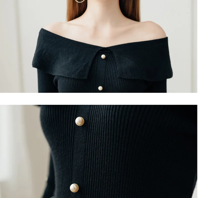 Onlyplus Off Shoulder Sexy Knitted Pullover Female Winter Autumn Women Sweater Elastic Button Fashion Jumper Pull Knit Shirt