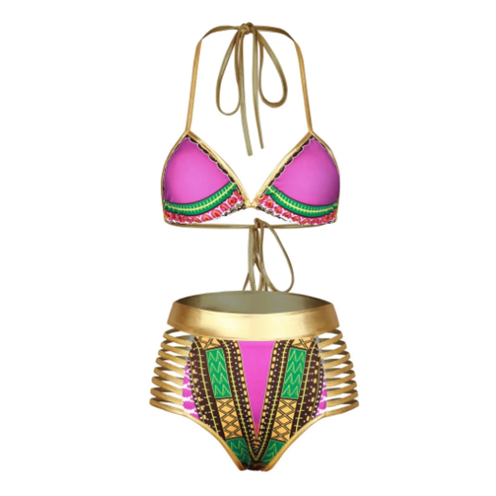 Women Tribal Print Bikini African Metallic Swimsuit Two Piece Beachwear Cutout Halter Neck