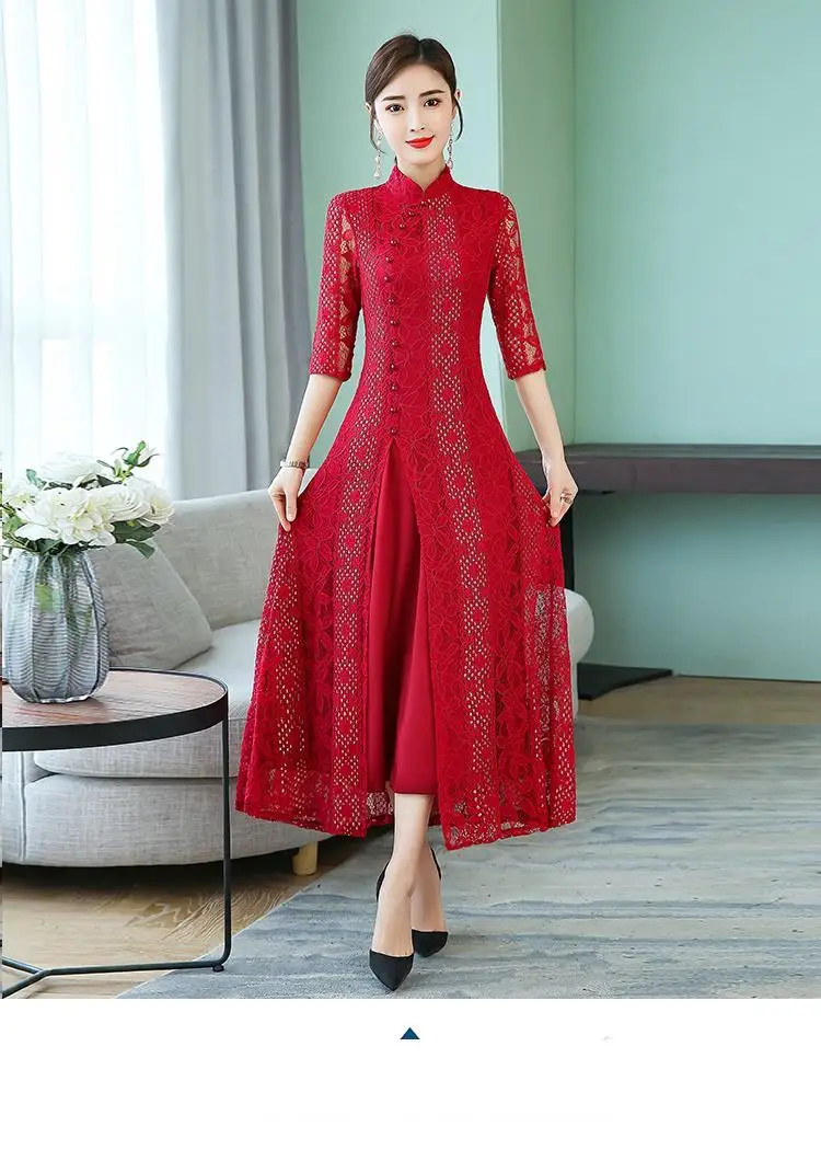 Autumn Vintage Lace Women Dress Elegant Ladies Stand Collar Dress Half Sleeve Party Dresses Vestidos Clothing Plus Size 4XL