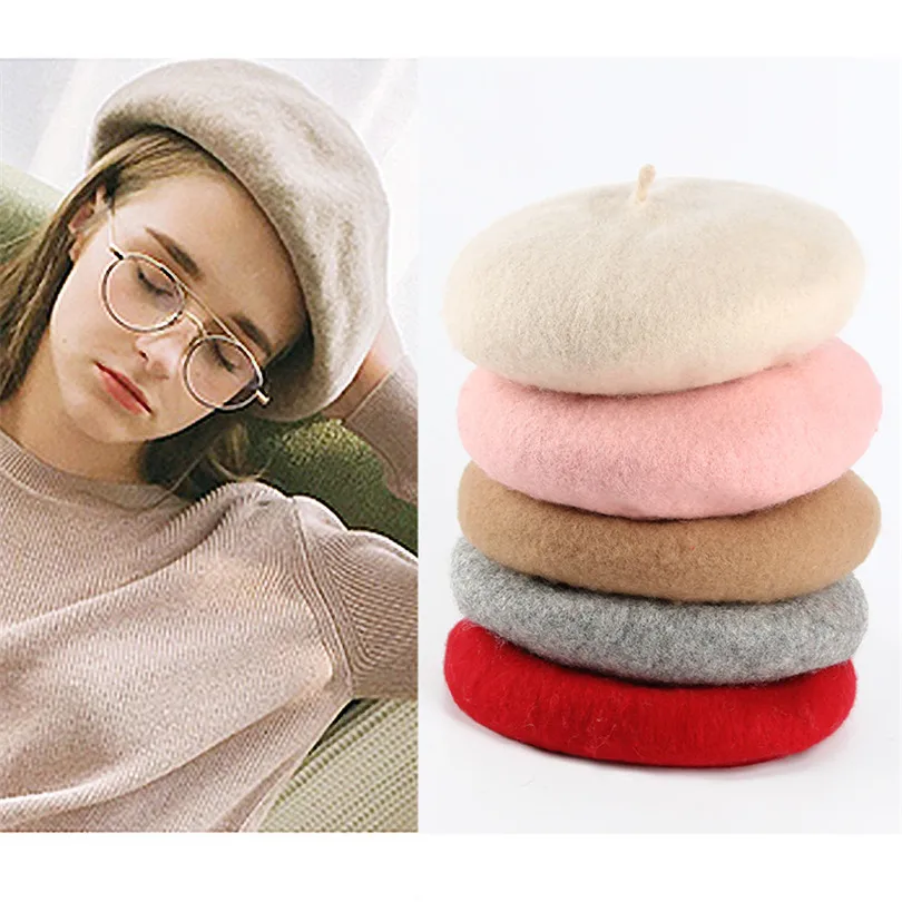 

YGYEEG New Womens Winter Hat Beret Female Wool Solid Color Caps Cashmere Warm Beanie Hat Cap Hot Sell High Quality Accessories