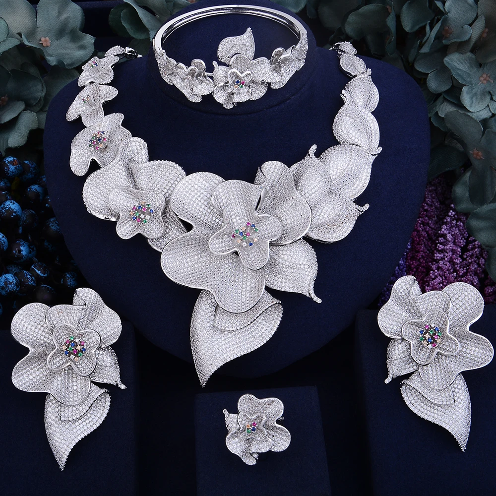 GODKI Super Shinning Luxury Flower Women Wedding Naija Bride Cubic Zirconia Necklace Dubai 4PCS Jewelry Set Jewellery Addiction