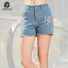 M/L/XL, женские джинсовые шорты с цветочной вышивкой, большие размеры, джинсовые шорты с карманами, высокая талия, короткие джинсовые штаны AOFULI A3517