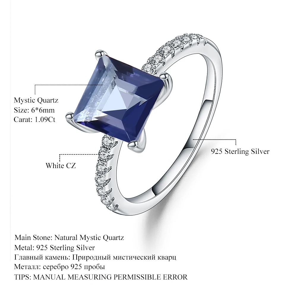 Gem's Ballet 1.09Ct натуральный иолит синий Мистик квадратный кварц драгоценный камень кольцо 925 пробы серебро принцесса обручальные кольца для женщин