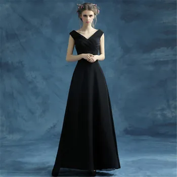 

Simple Black Chiffon Prom Dresses Vestido Preto Sexy Sleeveless Women Long Occasion Party Dress V-neck Evening Gown Abendkleider