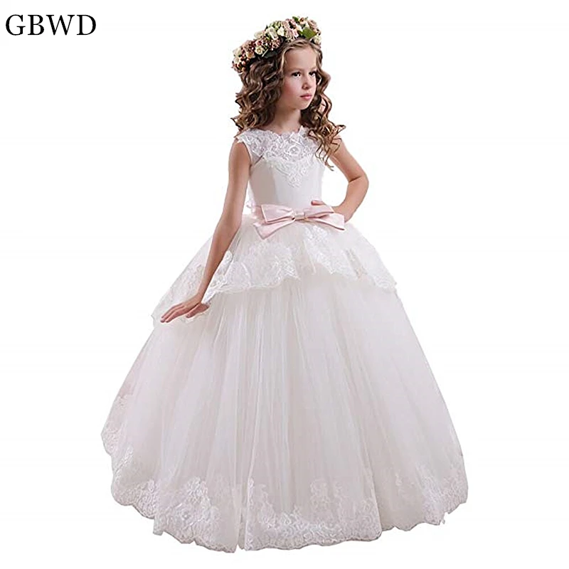 

White 2019 Flower Girl Dresses A-line Lace Girls Dresses Floor Length First Communion Dresses Little Girl Dress Girls Ball Gown