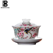 140cc китайский стиль фарфор Gaiwan Офис чай церемония мастер чаши с крышкой блюдце набор Цветок Птица чайник с узором подарки