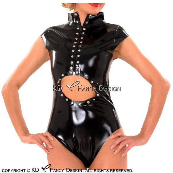 

Black Sexy Latex Swimsuit With Cap Sleeves And Back Zipper Rubber Bodysuit Body Suit Catsuit Without Steel Belt LTY-0221
