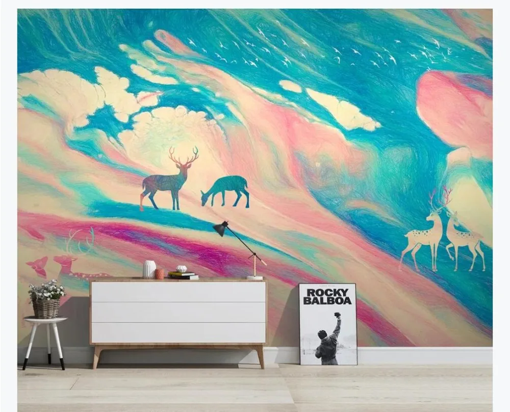 Пользовательские обои 3D креативный ручной росписью Лось абстрактное небо облако река ТВ Фон Стена-высококачественный водонепроницаемый