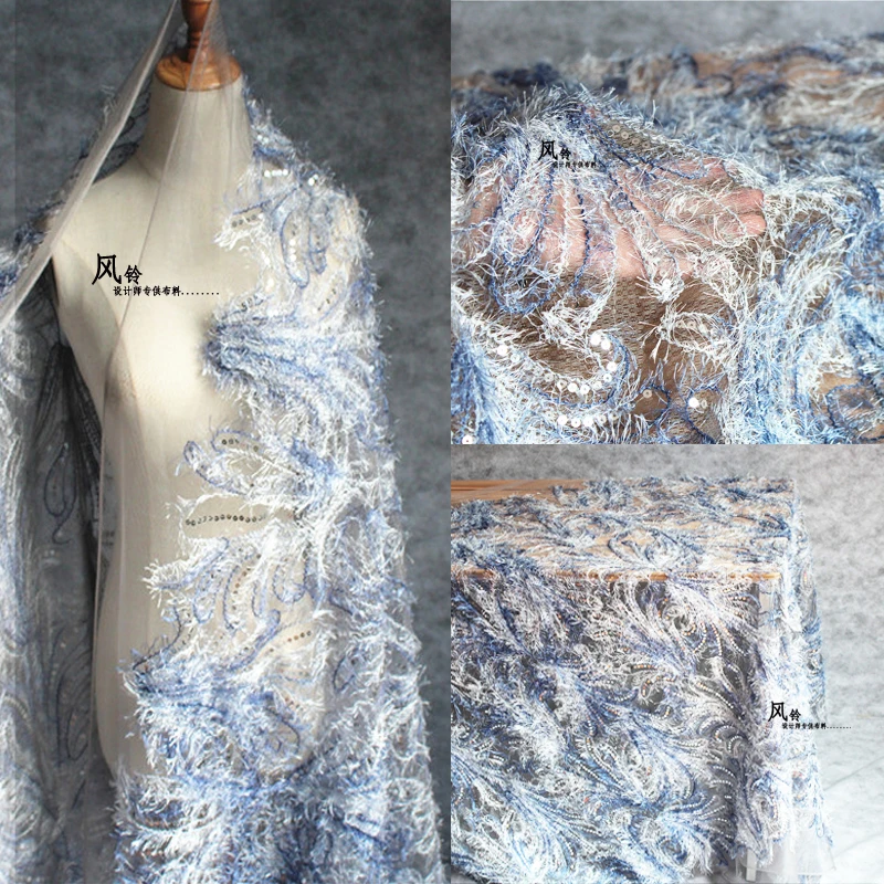 

Sequin lace fabric mesh embroidered blue lace 3d lace fabrics 1 yard! 2018 women clothing dresses sewing customize lace!