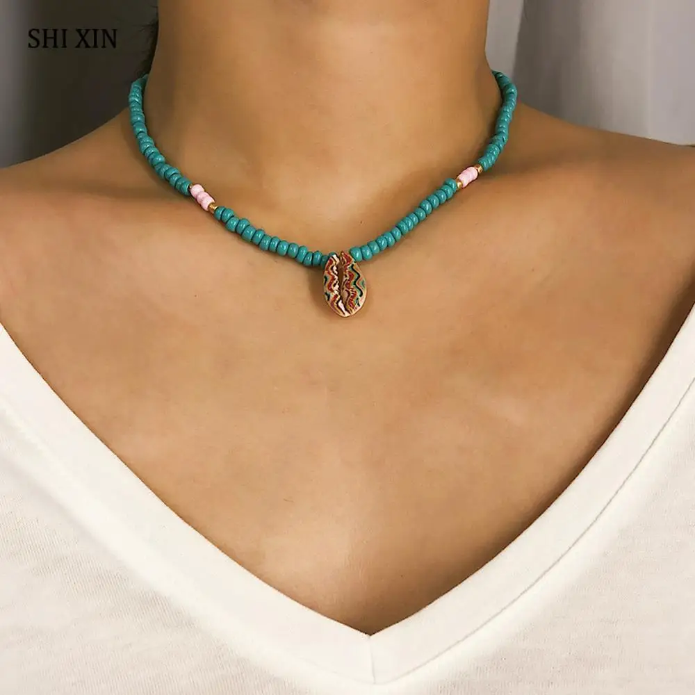 

SHIXIN Colorful Paint Sea Shell Necklace Women Boho Choker Necklaces With Seashell Pendant Decoraton on the Neck Fashion Jewelry