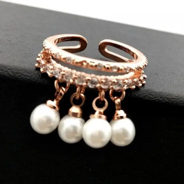 Women Adjustable Ring Rose Gold-color  Simulated Pearl Jewelry Rings With Micro Pave Zircon Decoration Fine Gift
