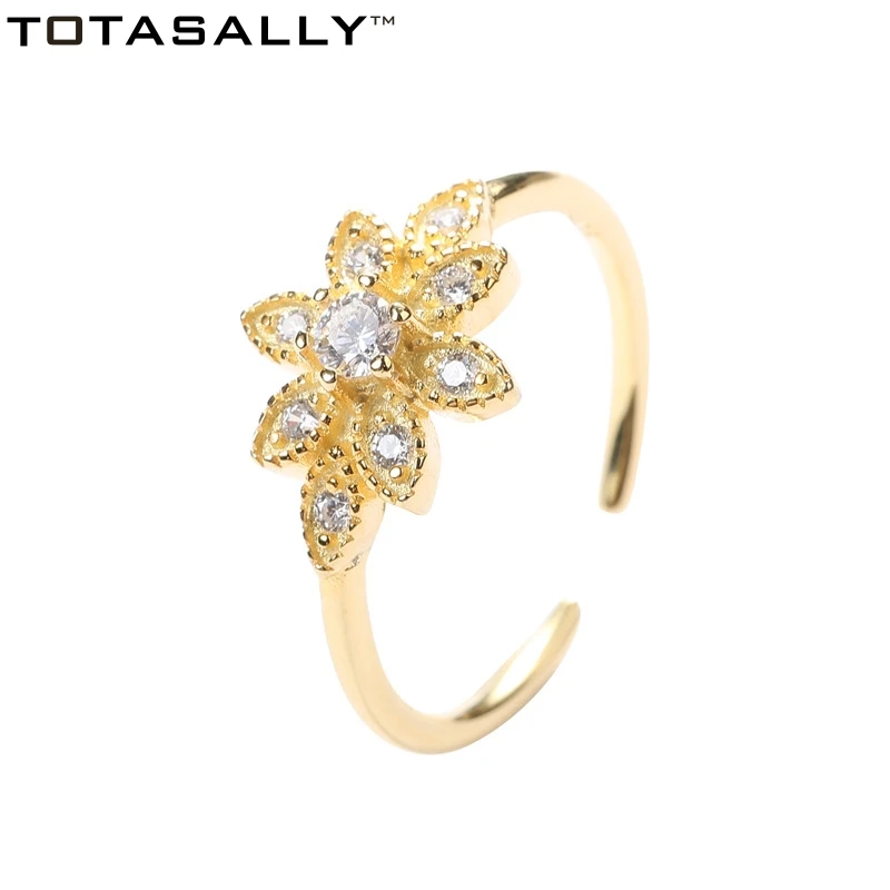 

TOTASALLY 100% Real S925 Silver Personality Finger Rings Hot Fashion vintage Style Golden flower Zircon party Ring For Women
