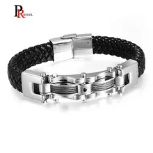 Панк, черные кожаные браслеты, браслеты для мужчин, высокое качество, нержавеющая сталь, проволока, кабель, цепь, браслет, 8,77 дюймов, pulseira masculina