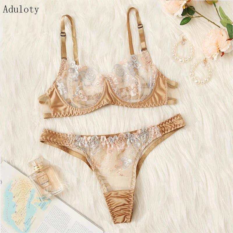 

Aduloty Sexy lingerie Transparent Bra and Panties Set Lace Thong Flowers Push Up Women's ultra thin Satin bra