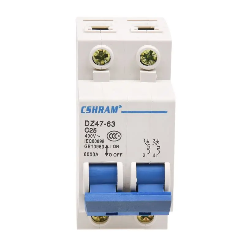 DZ47-63 C25 25 Amp 230/400VAC 6000A разрывная мощность 2 полюса автоматический выключатель
