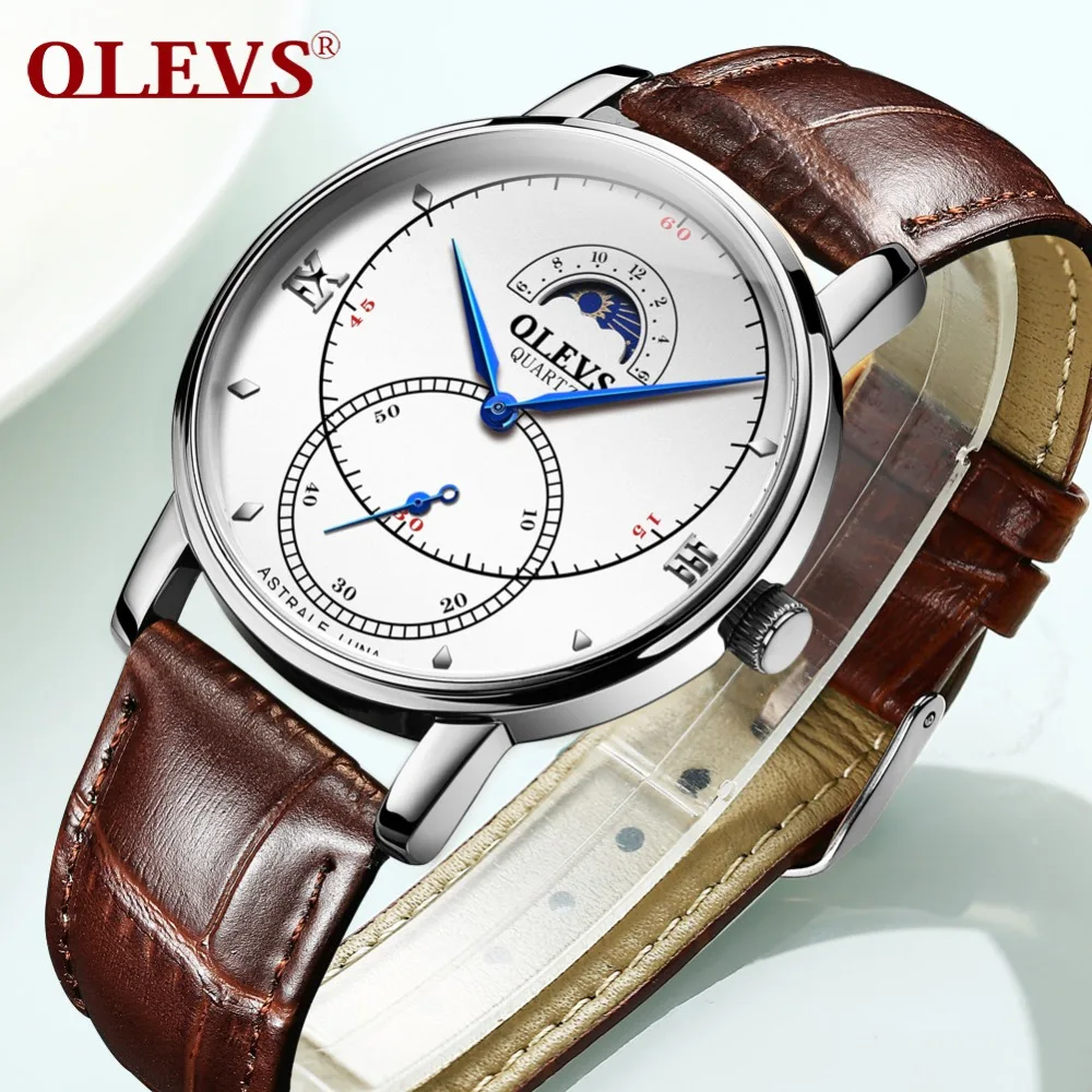 Модные мужские часы Moon Phase Funtion роскошные коричневые кожаные Наручные для мужчин
