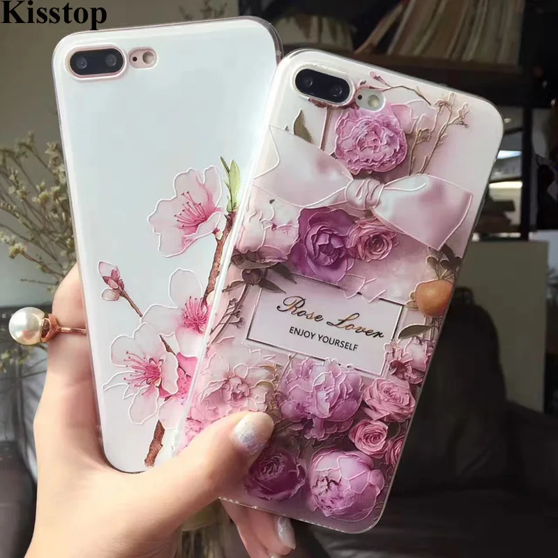 Kisstop 3D рельеф персик розы чехлы для iphone 6S 6 7 8 плюс мягкий рисунком x Капа |