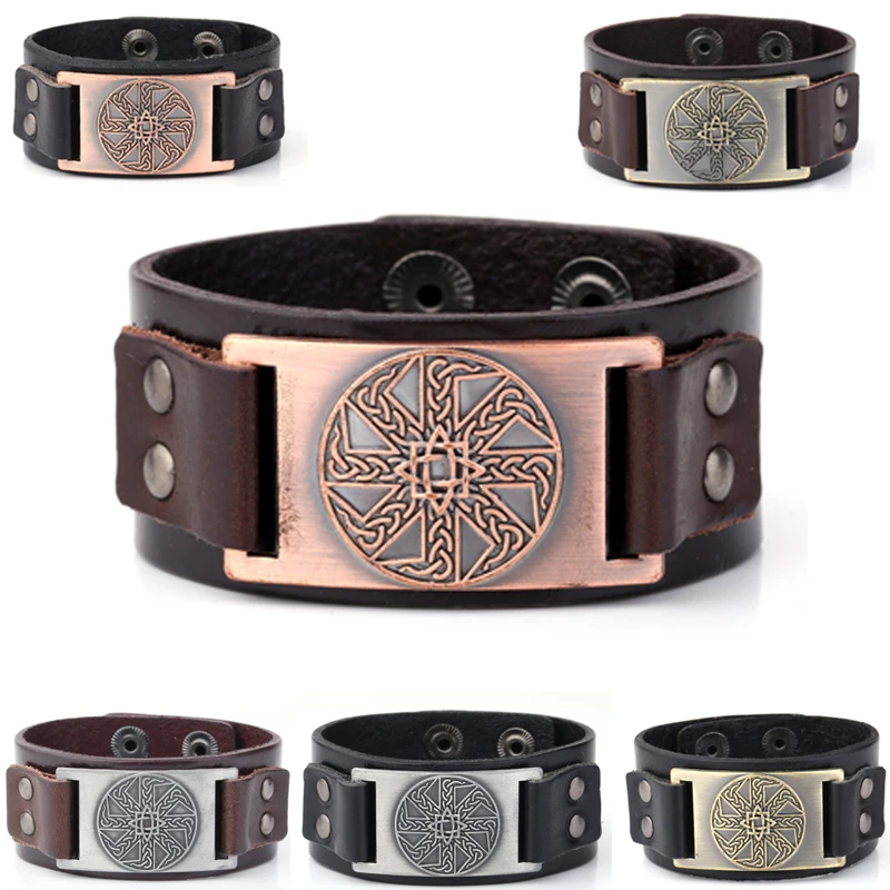 

5PCS Viking Wrist Band Fashion Real Leather Hand Made Slavic Amulet Sun Wheel Metal Viking Men Leather Bangle Jewelry