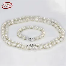 SNH 9 мм райс AA-белый 2 строки ожерелье и одна строка браслет наборы, настоящее 925 silver pearl комплект ювелирных изделий