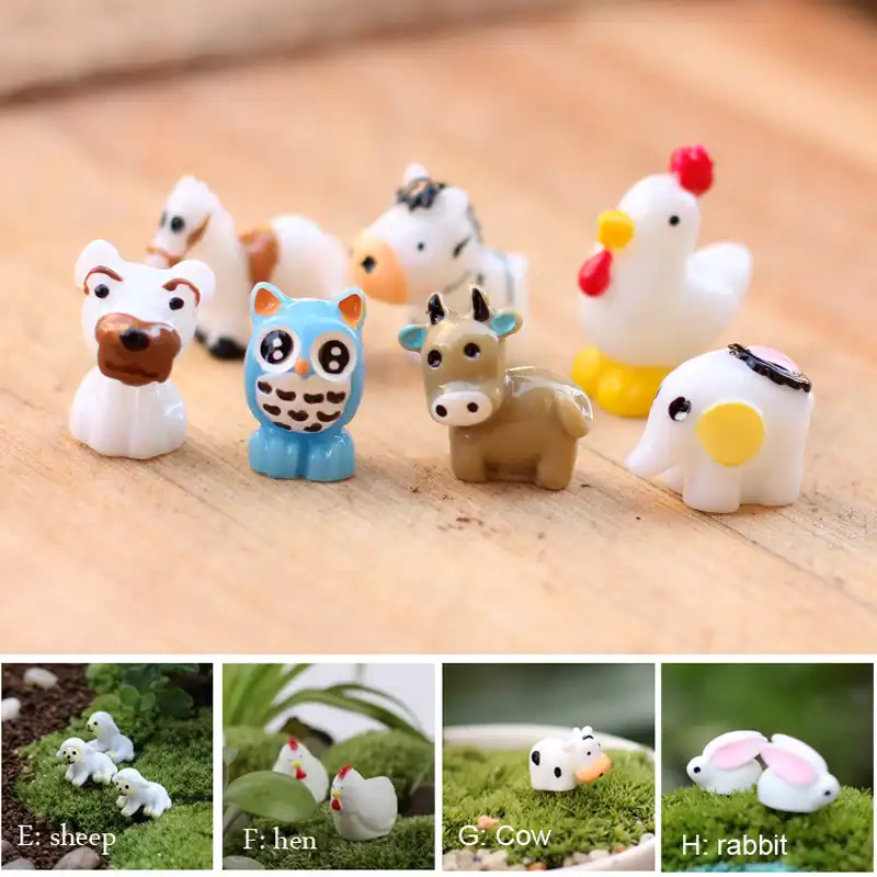 5 pcs Mini Animais Dos Desenhos Animados Terrários Figurinhas Vaca Zebra Galinha Galo Ovelha Cavalo Coelho ovelhas Jardim de Fadas Miniaturas
