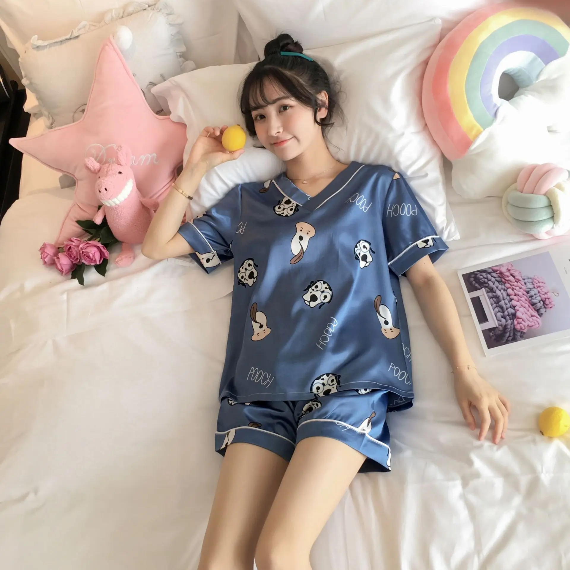 Pajama girls summer ice silk short sleeves two pieces of suit Korean fresh sweet lovely students thin silk home clothes - Цвет: G