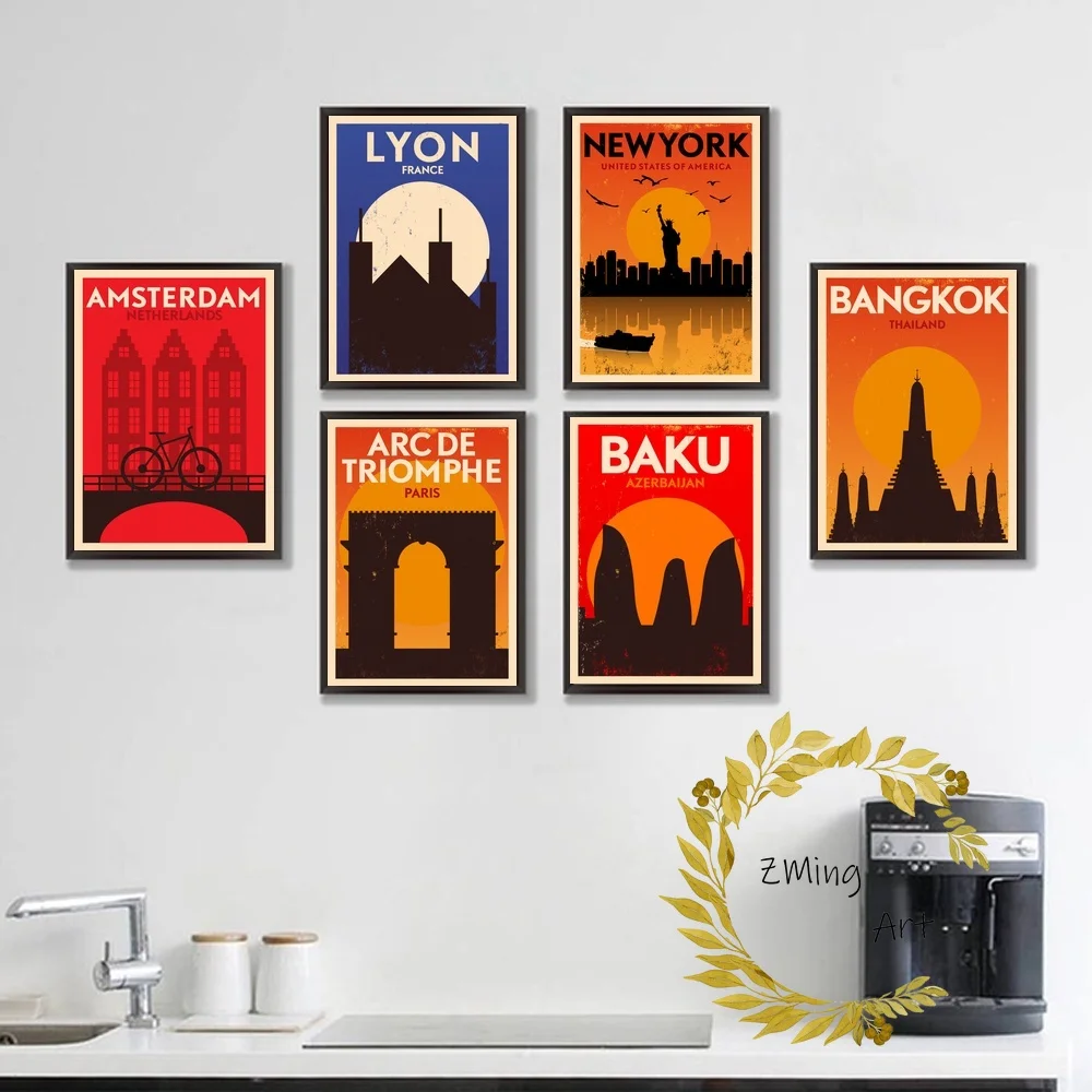 

Retro Amsterdam Baku New York Bangkok Berlin Liverpool Paris Vienna Pyramids Lyon Travel Poster Canvas Art Print Home Decor