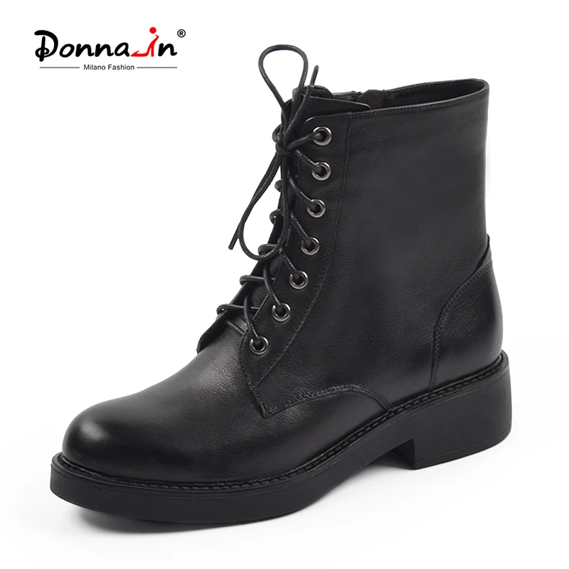 

Donna-in Women Black Ankle Boots Chunky Mid Heels Winter Martin Boots High Quality Genuine Leather Women Fashion Lace Up Boots