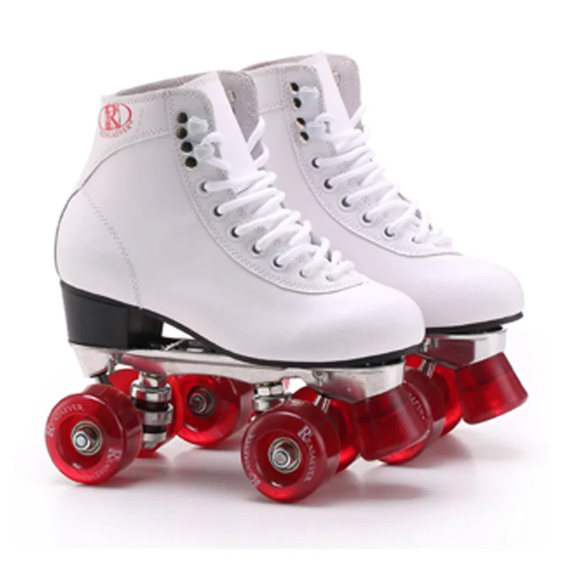 Double Roller Skates White Genuine Leather With Red Wine Wheels Two Side Roller Skate Patins Skates Patines Adult Skate Shoes