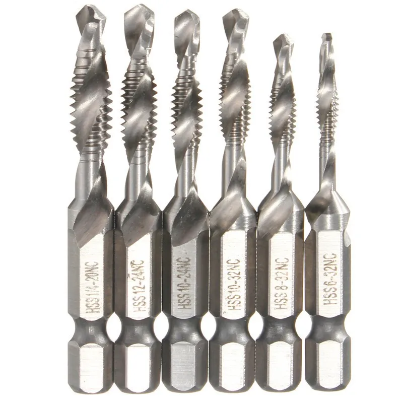 

6pcs 1/4 Inch Shank SAE Combination Drill Tap Bit Set Deburr Countersink Hex Bit For Hole Punching Tapping Chamfering