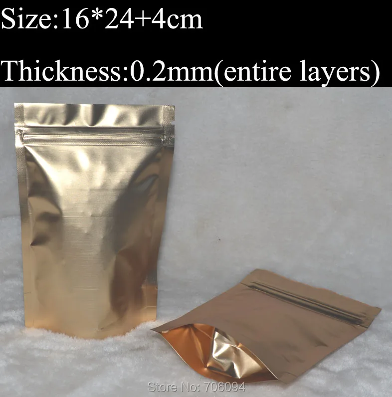 16x24+4cm/6.3''x9.4'',200pcs/lot, Gold Metallic Aluminum Ziplock Stand