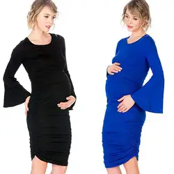 2019 Новая мода для Для женщин для беременных одноцветное Цвет длинными расклешенными рукавами платья для беременных кормящих Повседневное