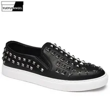 Лидер продаж из искусственной кожи новые модные, в стиле рок, Панк Для мужчин круглый носок Мужская без шнурков повседневная обувь дышащие больших размеров с заклепками; белые лоферы;