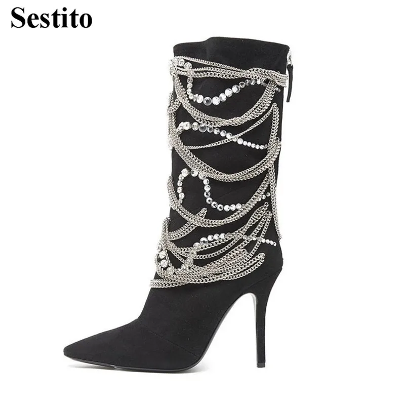 

European New Fashion Black Flock Chain Short Boots Pointed Toe Mid-Calf Boots For Women Thin Heels Zip Women Shoes Spring/Autumn