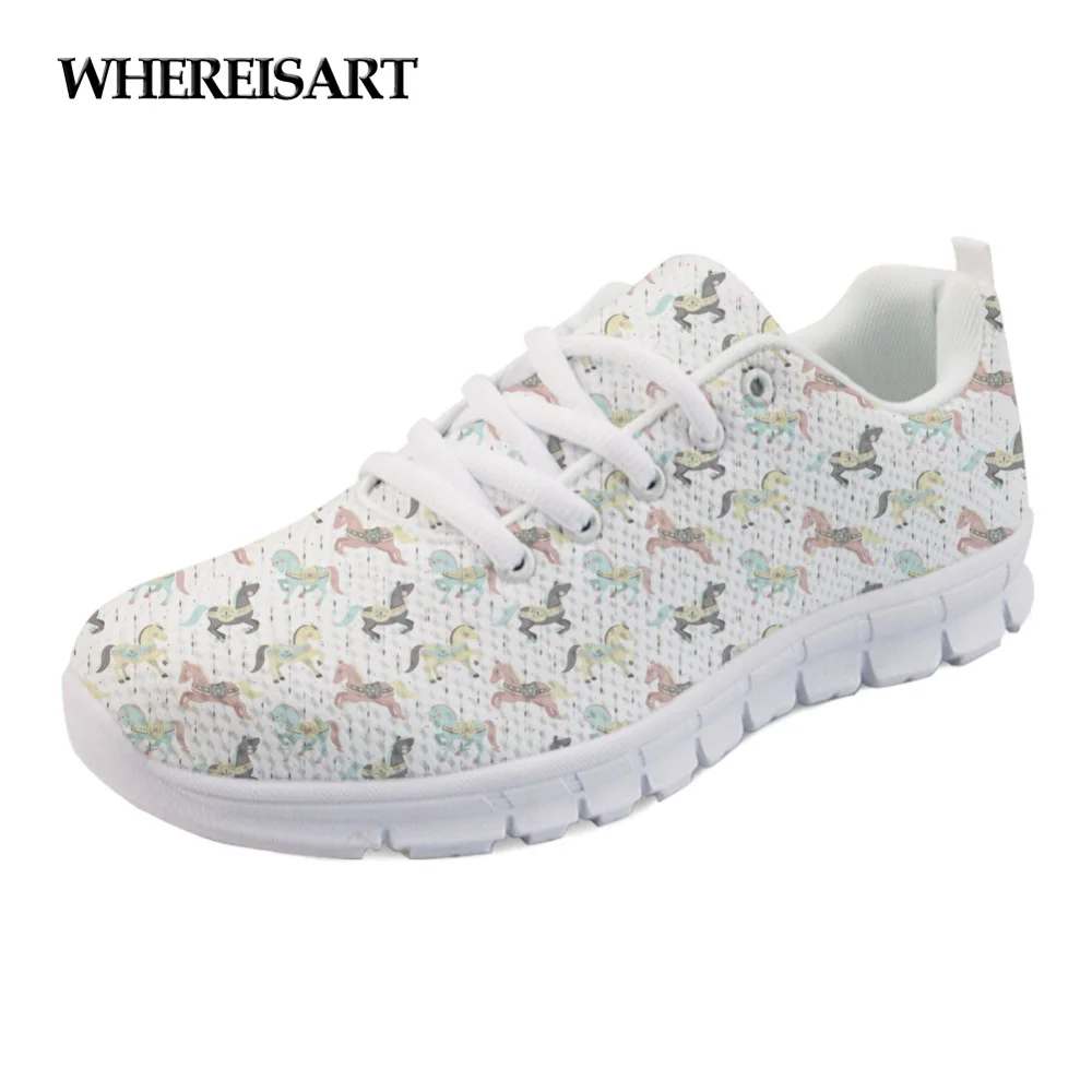 

WHEREISART Fashion Girls Casual Shoes Brand Women's Carousel Horses 3D Print Walking Female Breathable Sneakers Ladies Flats
