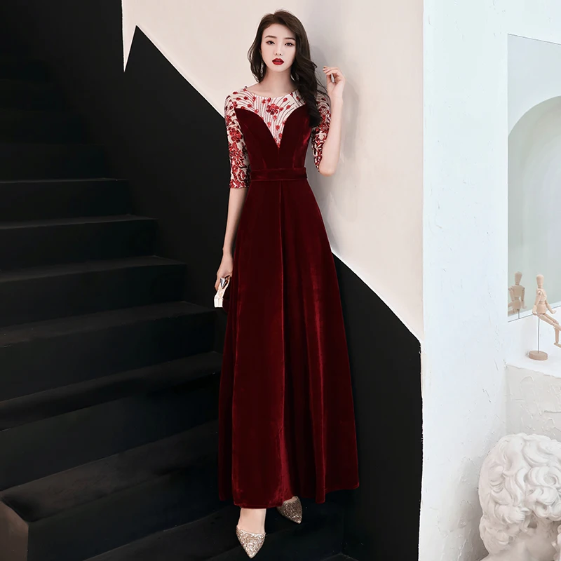 Robe de soiree черный велюр вечерние платья с круглым вырезом дизайн элегантное расшитое блестками длинное в пол бархатные вечерние платья LYFY93