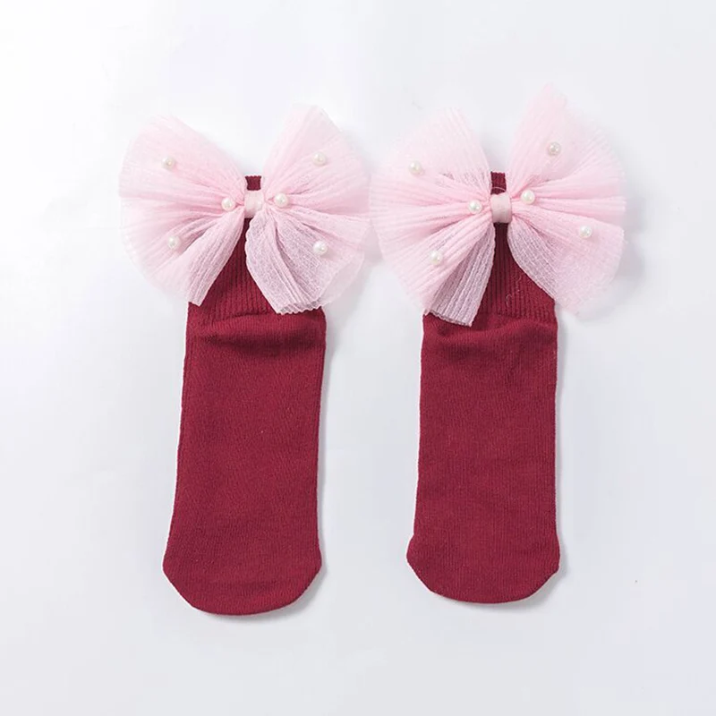 Новые носки для маленьких девочек с бантиками, хлопковые носки до лодыжки для малышей, носки принцессы с бисером для ма - Цвет: Wine Red Beads Bow