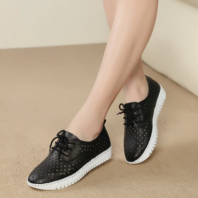 Летние кроссовки; женская обувь на платформе; женские туфли-оксфорды из натуральной кожи на плоской подошве для прогулок; дышащая удобная обувь для отдыха - Цвет: black