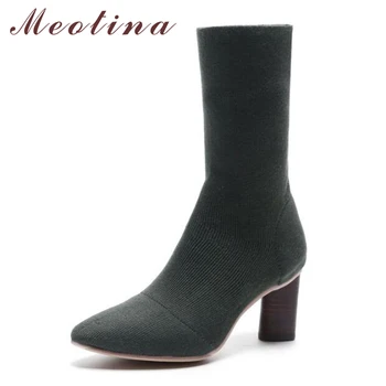 

Meotina Winter Mid Calf Boots Thick High Heel Boots Women Sock Boots Autumn Pointed Toe Block Heels Female Shoes Green Apricot