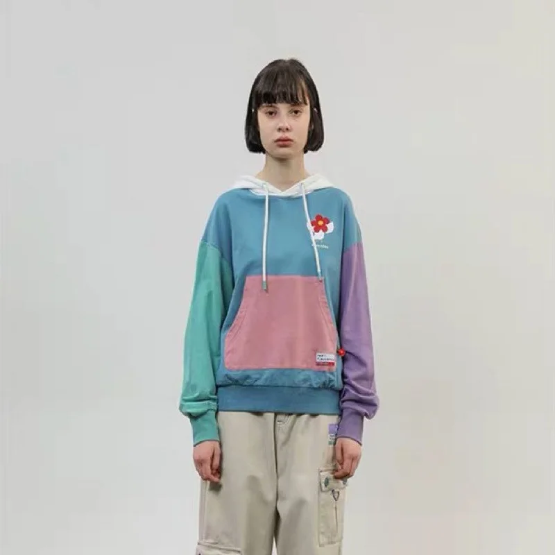 

Autumn New Spell Color Stitching Harajuku Women Hoodies PulloverLoose Female Tracksuits Casual V Neck Sweatshirt