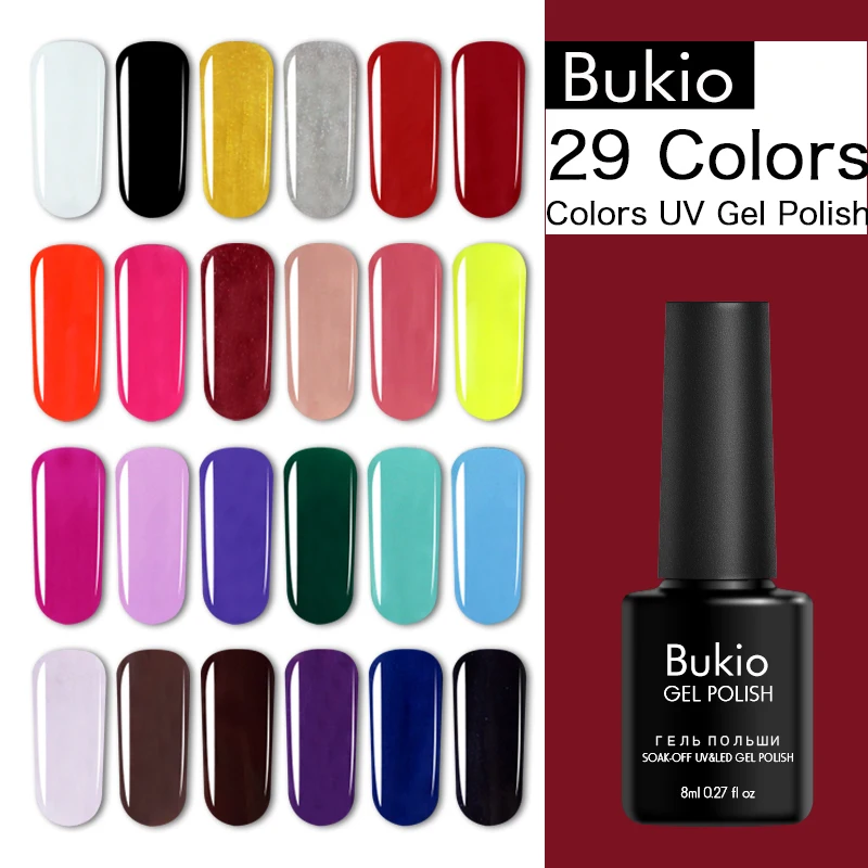

Bukio 8ML Pure Colors Nail Polish 29 Colors Gel Nail Art Polish Varnish Semi Permanent Nail Polish Set GelLak Top Primer Base