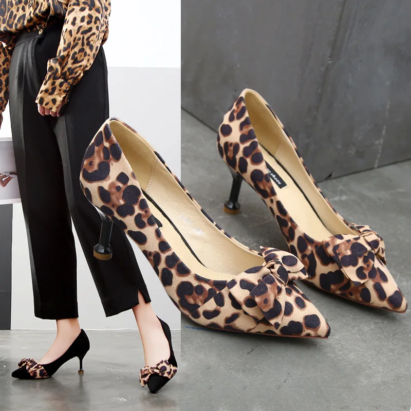 

Spring 2019 new high heels shallow mouth pointed leopard women's shoes fashion slim single shoes