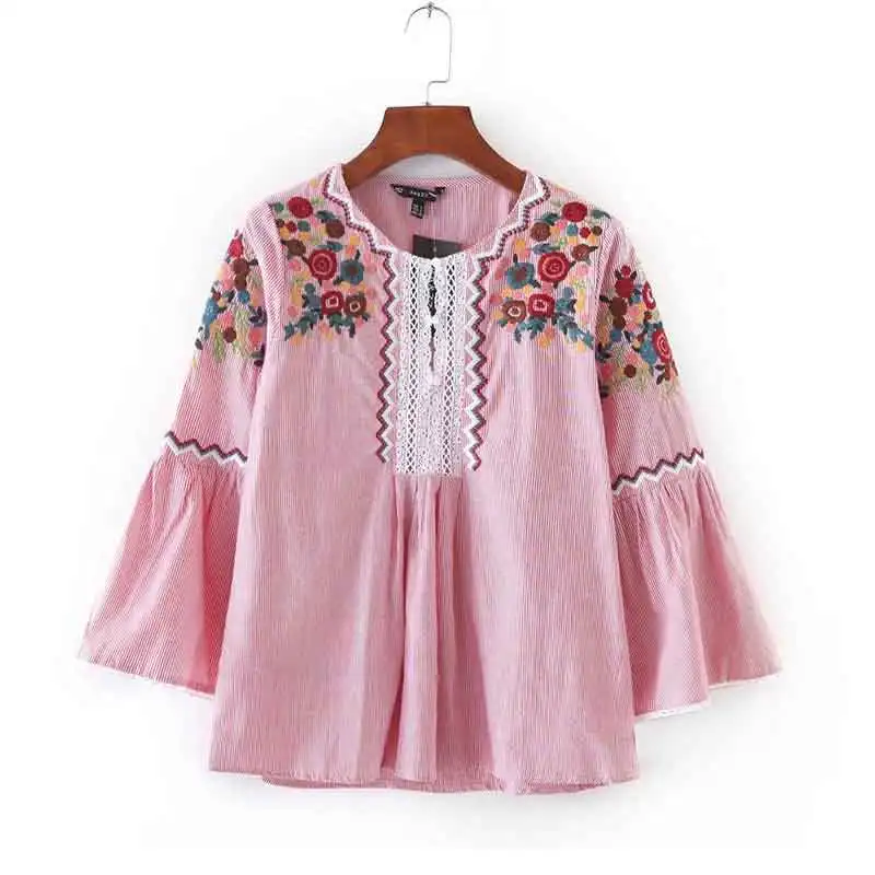 Cena Moda Hafty Etnicznych Bluzki Koszula Kobiety Flare Projekt 3 4 R臋kaw Paski Koszule R oacute;偶owy Niebieski Bluzki Casual Ubrania Retro Blusas