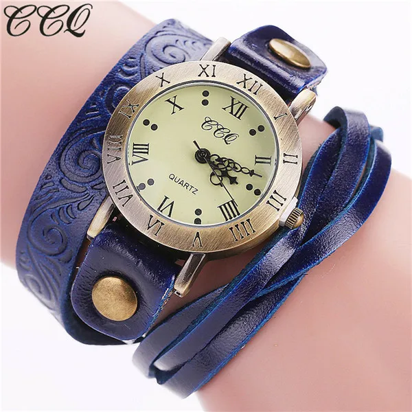 CCQ Модные Винтажные часы из коровьей кожи с цветочным браслетом, повседневные женские наручные часы, Роскошные Кварцевые часы, подарок для женщин - Цвет: blue