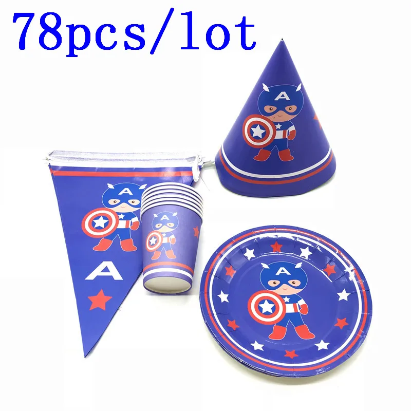 

Hot Sale 78Pcs Captain America Paper Cup Plate Banner Event Party Boy Birthday Party Family Party Cocked Hats Decoration Supply