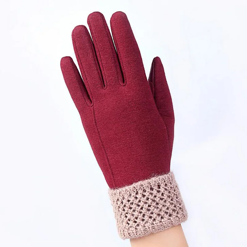 Женские перчатки с сенсорным экраном Зимняя мода лук дамы кружева сращивания теплые перчатки рукавицы из кашемира женские наручные перчатки подарок 16A - Цвет: C Red