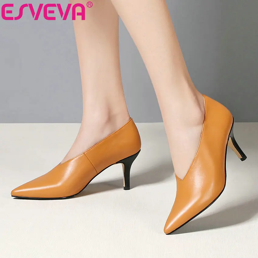 

ESVEVA 2019 Thin High Heels Women Pumps Shoes Pointed Toe Elegant Spring Sandals Shoes Women Shallow Cow Leather PU Summer 34-39