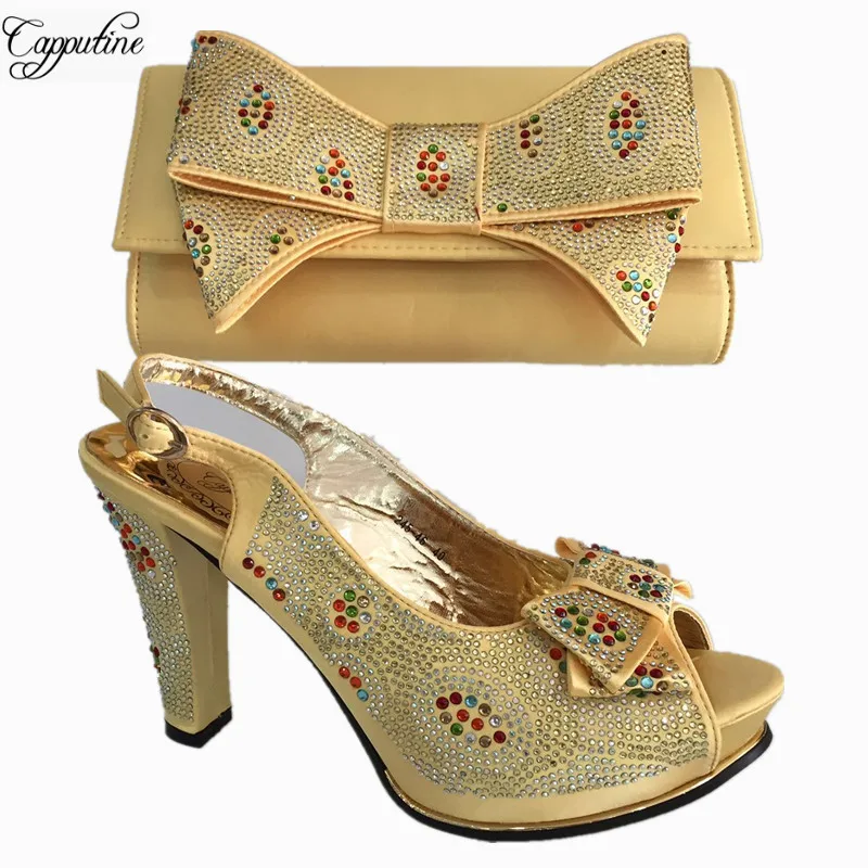 Capputine African Elegant Gold Color Shoes And Bag To Match Set Nigerian High Heels Party Shoes And Bag Set For Wedding BL675C