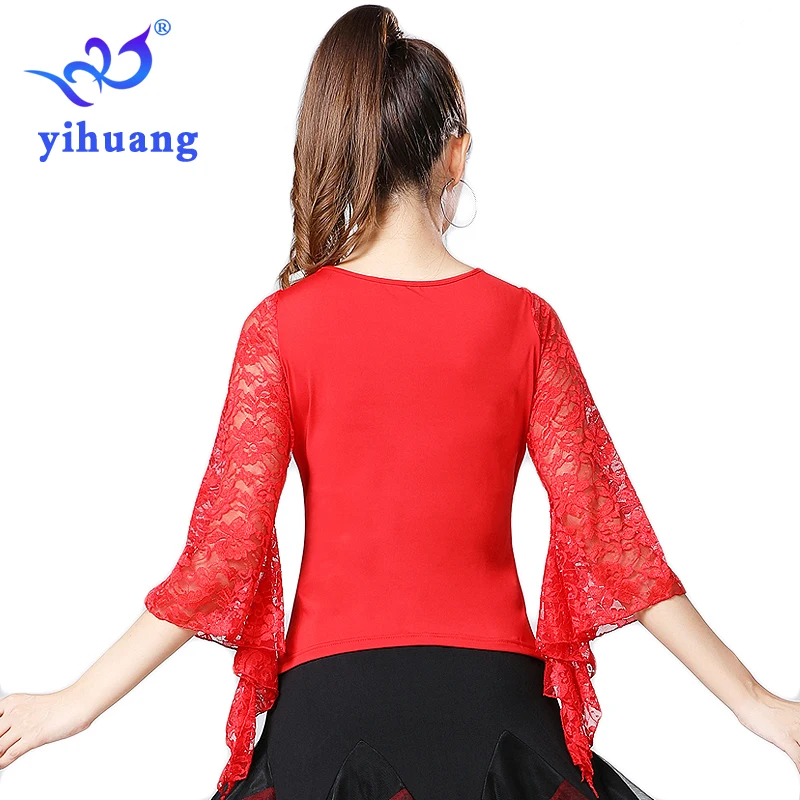 Summer New Women Waltz Ballroom Dance Tops Modern Standard Tango Latin Dancewear Party Performance Blouses Lace Bell Sleeve