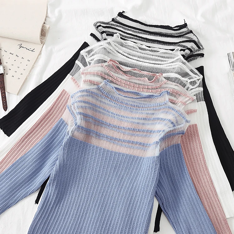 

Girls Patchwork Mesh Turtleneck Sweater Shirts Female Half Sleeve Thin Sweaters Pullovers For Woman