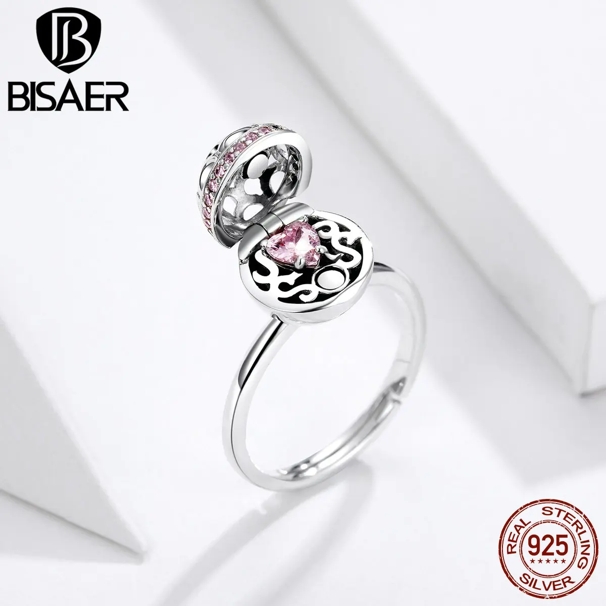 

BISAER 925 Sterling Silver Surprised Box Finger Rings Pink Zircon Rings for Women Wedding Engagement Anel Jewelry ECR530